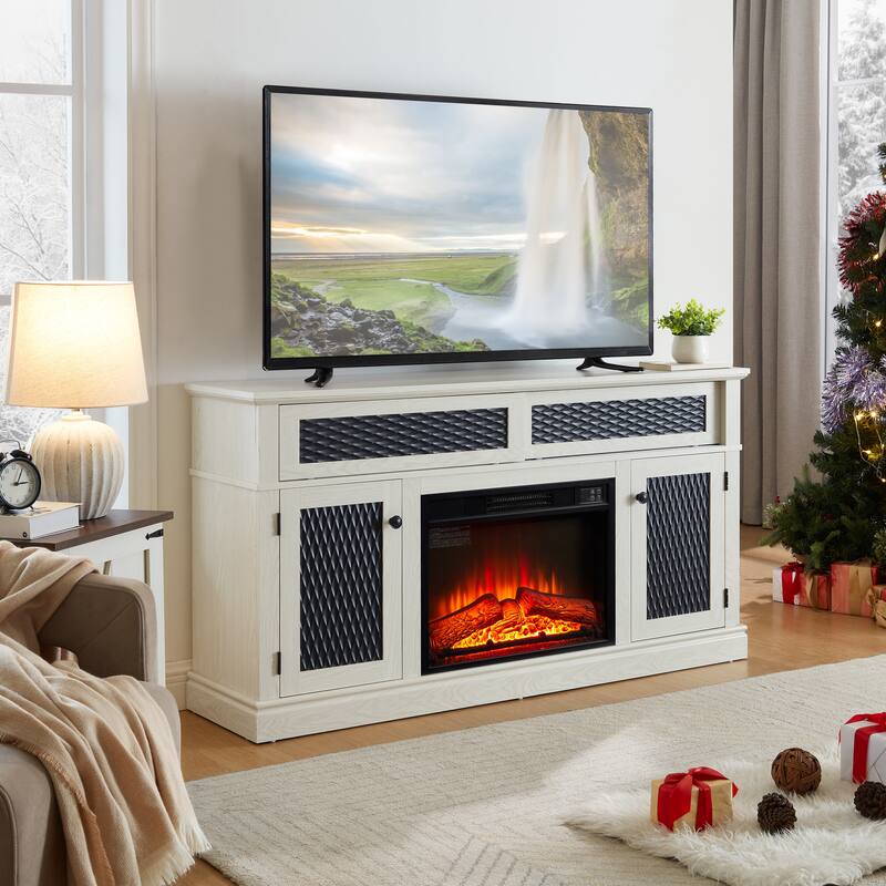 Modern Fireplace TV Stand with Sliding Door, Open and Closed Storage Space, for Living Rooms and Bedrooms, White
