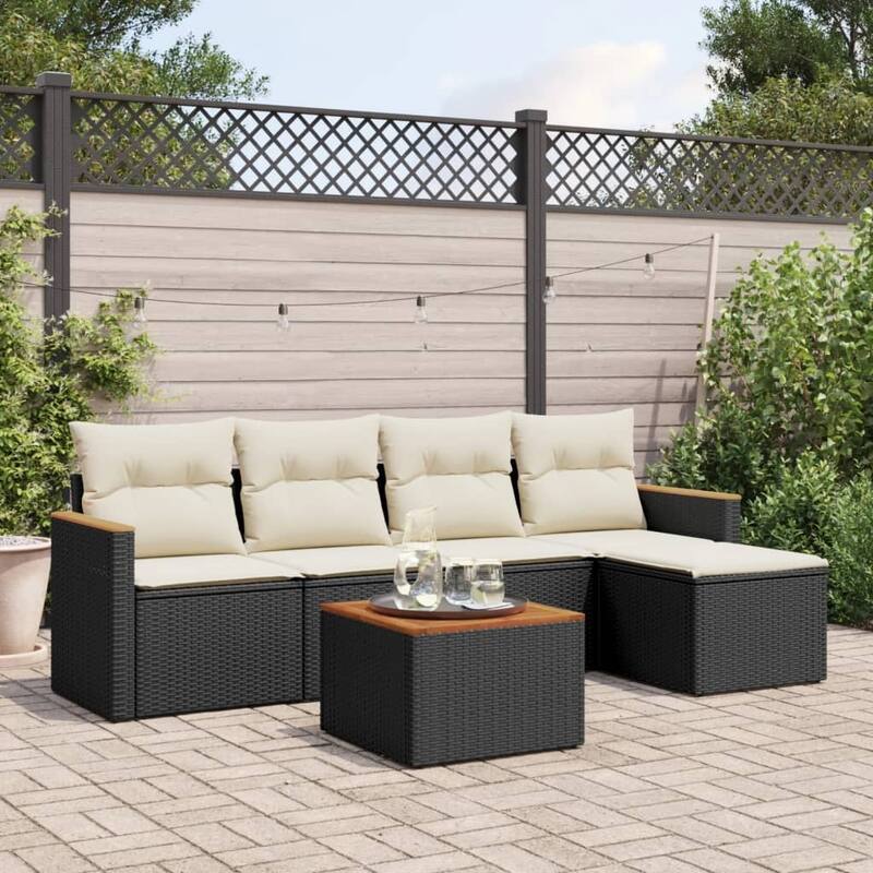 vidaXL Patio Sofa Set with Cushions Outdoor Conversation Furniture Poly Rattan - 21.7 x 21.7 x 14.6 in - Black and cream with table
