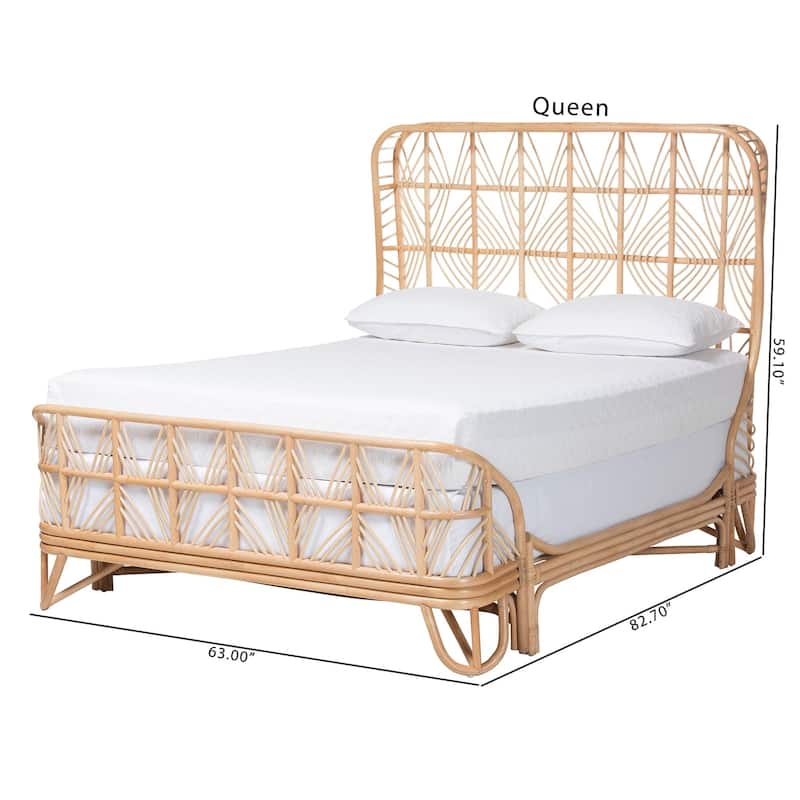 Hadley Natural Rattan Bed Frame with Openwork Geometry Headboard and Footboard, Tropical Coastal Boho Furniture, Queen