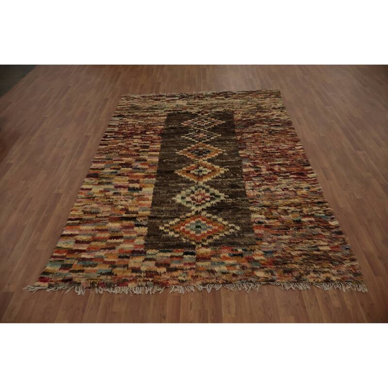Hand Knotted Oriental 100% Wool Carpet Modern Tribal Brown Moroccan Area Rug - 9' 10'' X 6' 10''