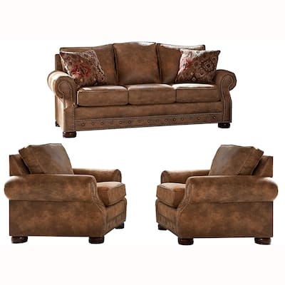 Made in USA Rancho Rustic Brown Buckskin Fabric Sofa and Two Chairs Set
