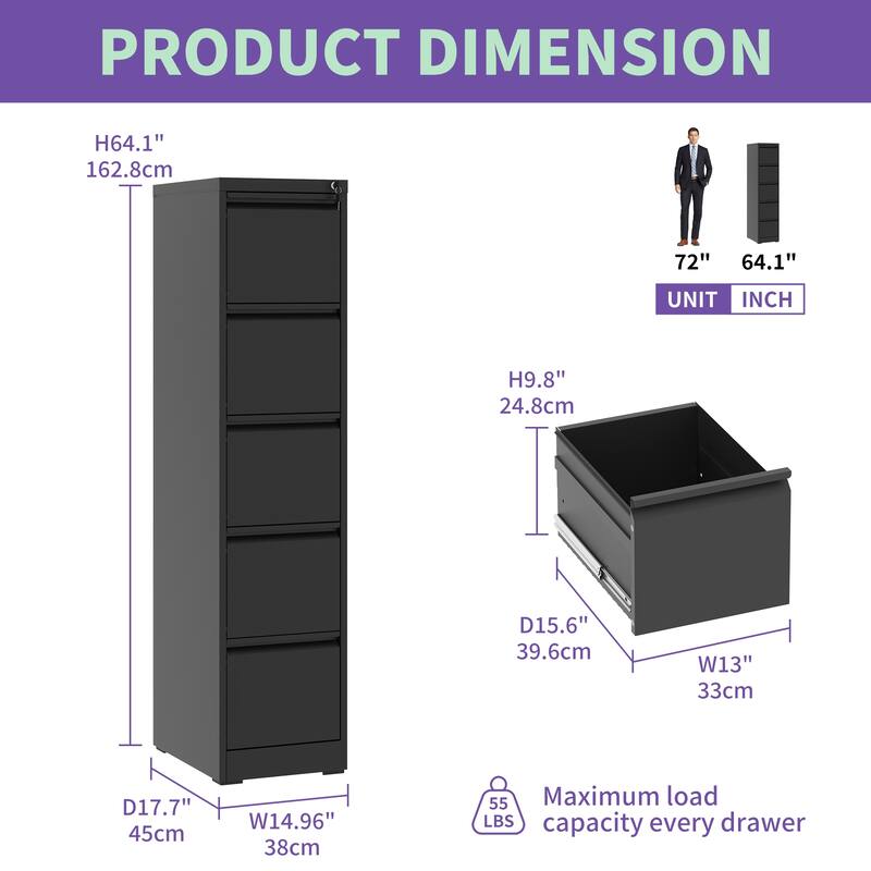 5 Drawer Metal Vertical File Cabinet with Lock Office Home Steel Vertical File Cabinet for A4 Legal/Letter Size - Black
