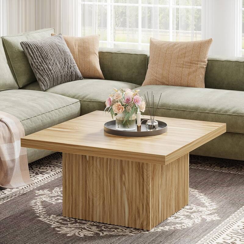 31.5 Brown Wood Square Coffee Table, Large Fluted Coffee Table for Living Room - Natural