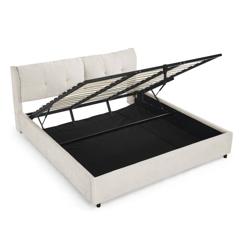 Roomfitters Queen/King Storage Upholstered Hydraulic Platform Bed with Integrated Headboard, Chenille Fabric