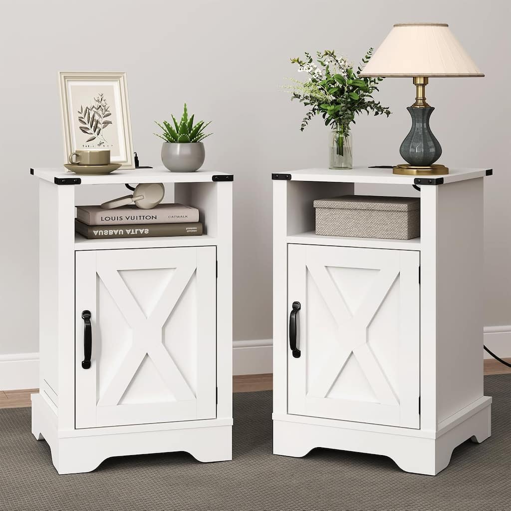 Nightstand Set of 2, White End Table with Charging Station