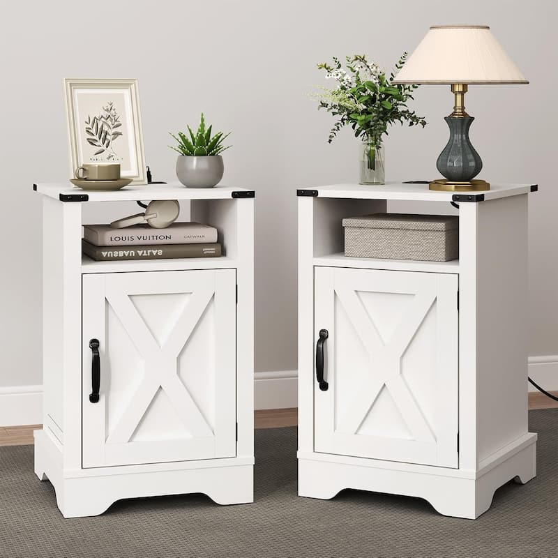 Nightstand Set of 2, White End Table with Charging Station