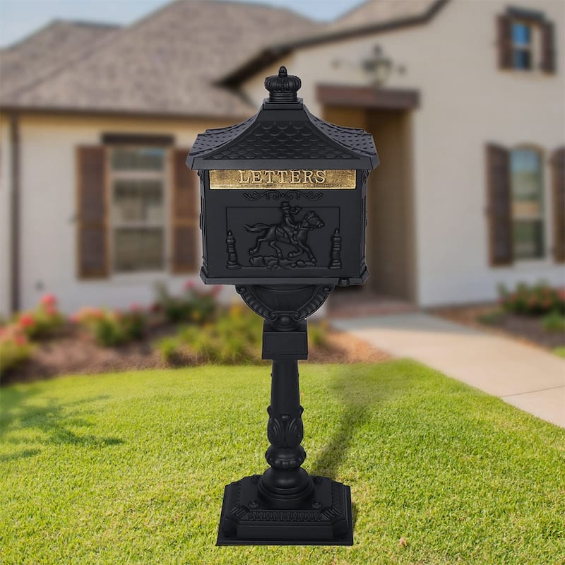 Aluminum Locking Mailbox with Post, Outside Weatherproof Mail Box - 45.5"T X 16.5"W - Black