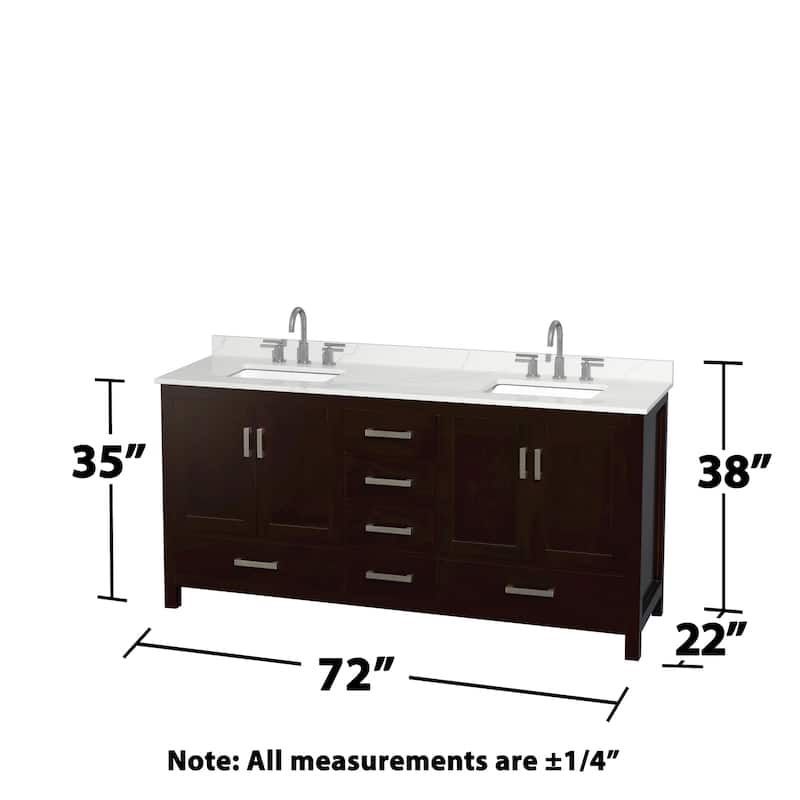 Sheffield 72-inch Double Vanity, 3 Hole Quartz Top, Med Cabinets