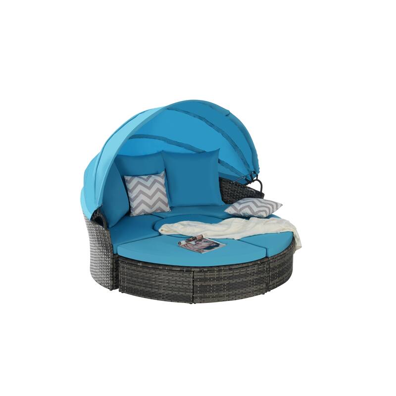 Outdoor Patio 4 Pieces Round Daybed Sunbed with Retractable Canopy, All-weather Wicker Sectional Seating Conversation Set