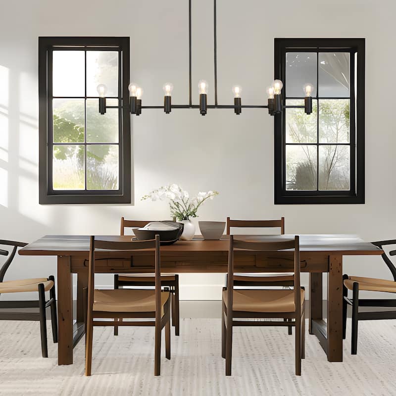 Oversized Modern Farmhouse Black 10-Light Large Island Exposed Bulb Linear Dining Room Chandelier
