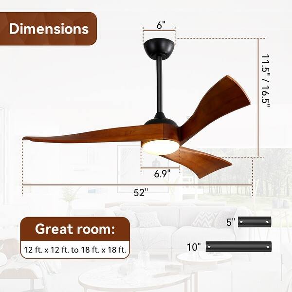 dimension image slide 26 of 29, Sofucor 42"/48"/ 52"/60"Noiseless Walnut Wood Ceiling Fan with Remote Control, Integrated Light Optional