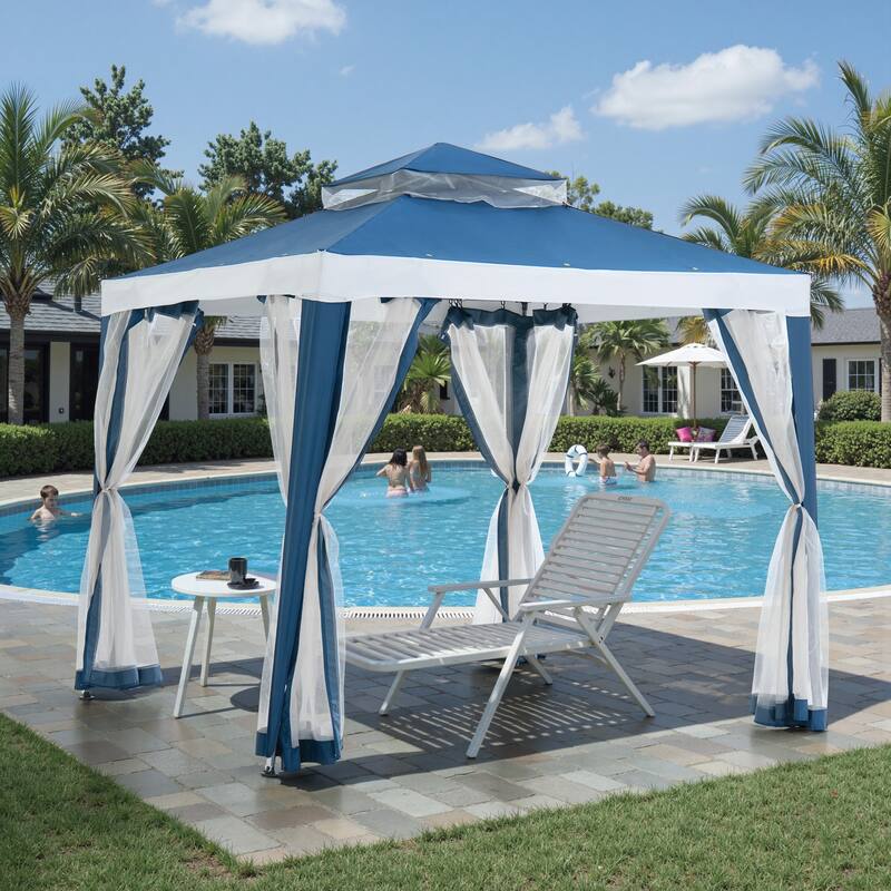 Sunjoy 8 x 8 Outdoor Patio Gazebo Outdoor Backyard Modern 2 Tier Steel Frame Soft Top Gazebo with Mesh Netting Grey Khaki - Blue