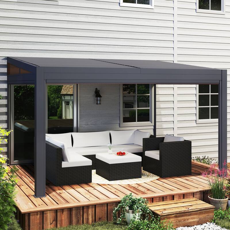 Erommy Wall-Mounted Pergola with Louvered Roof & Pull-Down Screen, Aluminum Awning for Patio or Deck