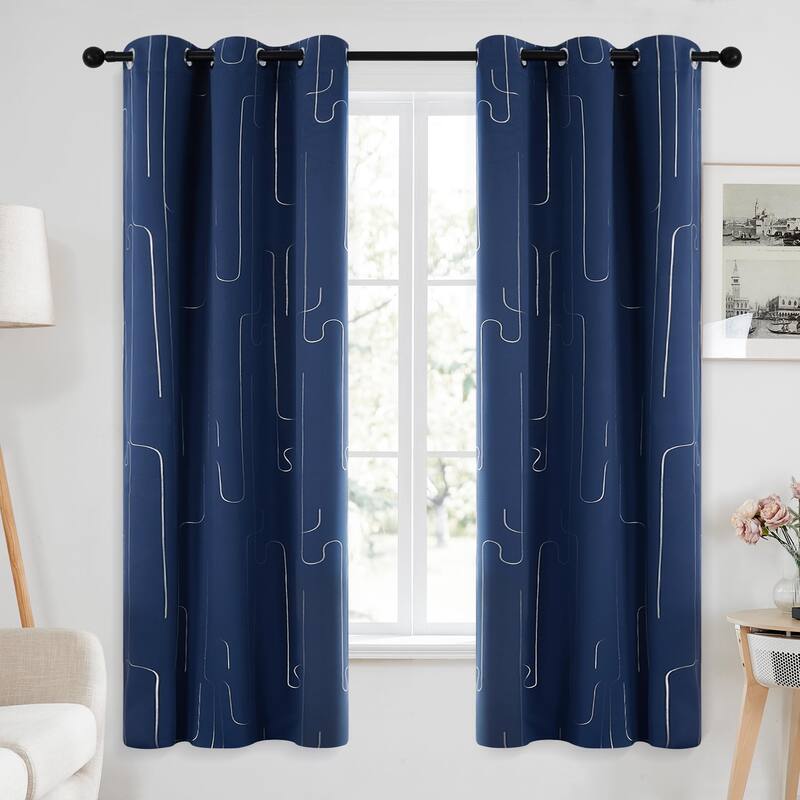 Grommet Curtains, Room Darkening Window Drapes with Lines Foil Print