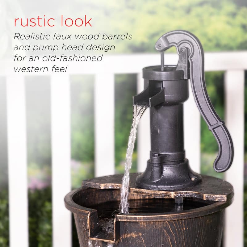 Alpine Corporation TEC234BR 40" Tall Brown Outdoor 3 Tier Rustic Pump and Barrel Water Fountain