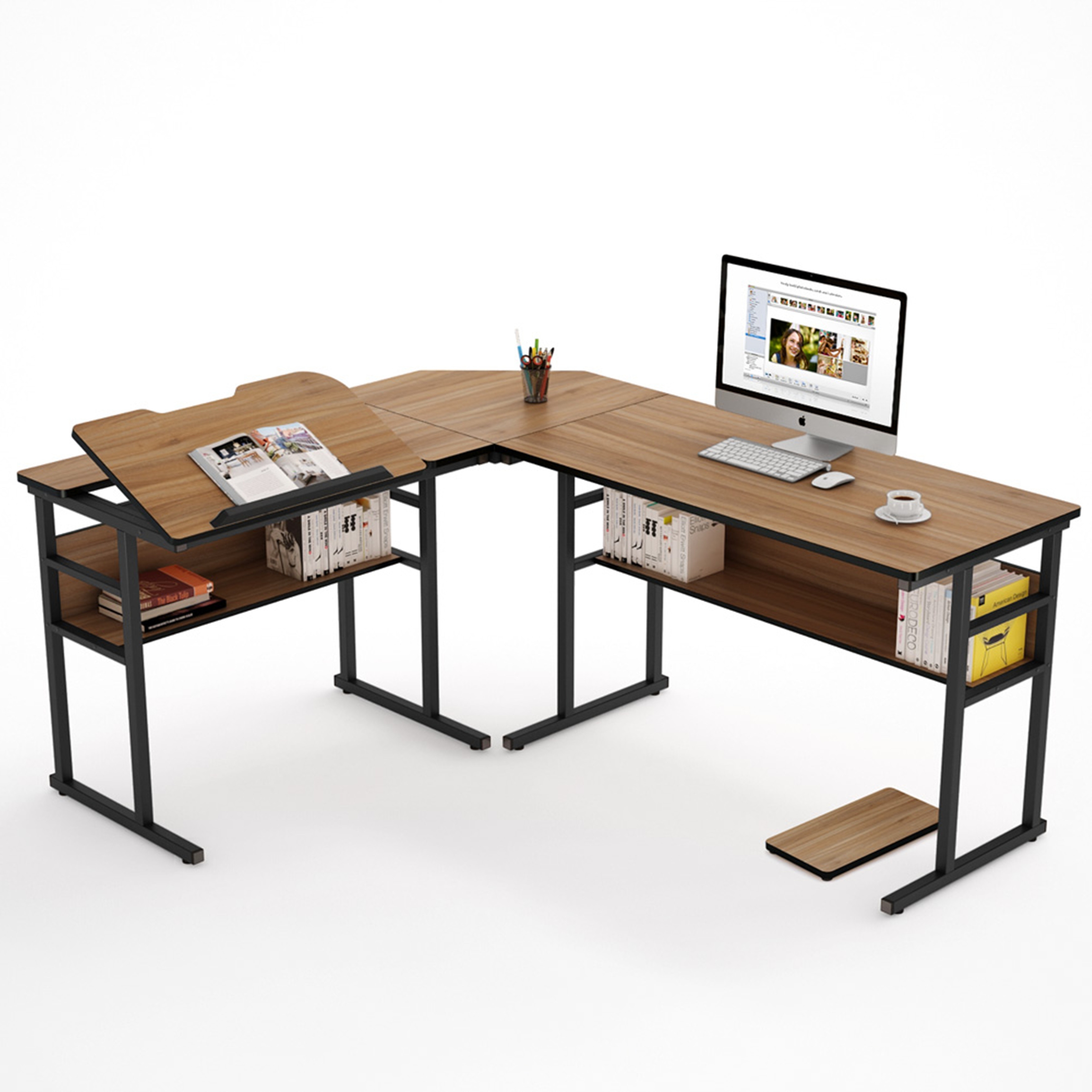 67 Inch Industrial L Shaped Desk With Bookshelf Drawing Table Overstock 31298829