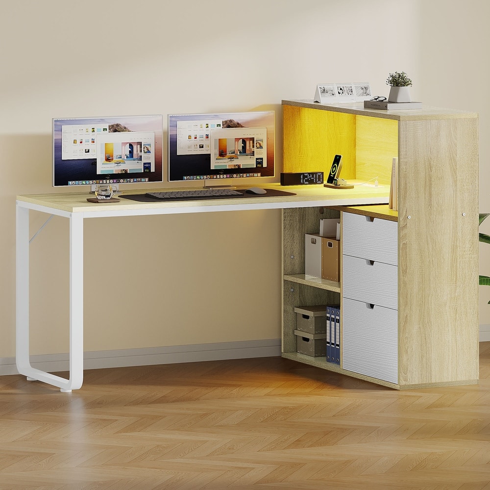 Moasis LED L-Shaped Desk with Drawers and Filing Cabinet, Home Corner Gaming Desk w/USB Ports