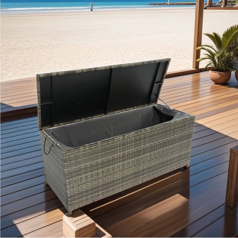 Oaks Aura 113 Gallon Outdoor Wicker Storage Box with Lid for Kid's Toys, Pillows, or Towel
