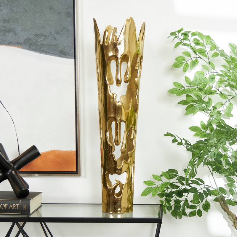 Gold, Silver or Black Aluminum Metal Drip Vase with Melting Designed Body - Gold - 9"W, 31"H