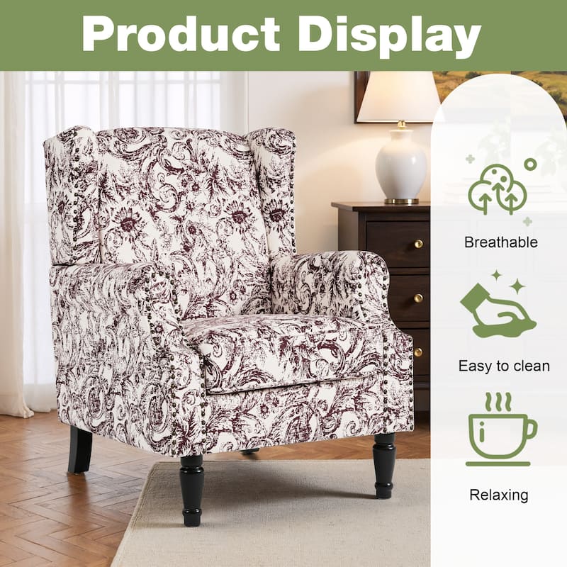 Traditional Floral Patterned Wingback Armchair with Nailhead Trim