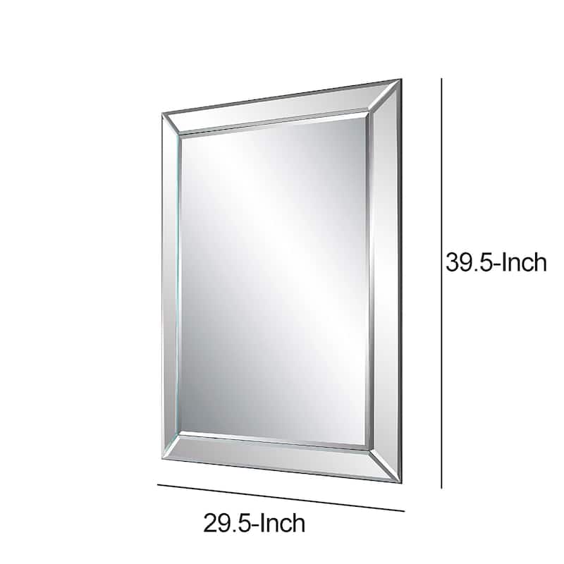 39 Inch Wood Mirror, Mirrored Frame, Beveled Panels, Silver