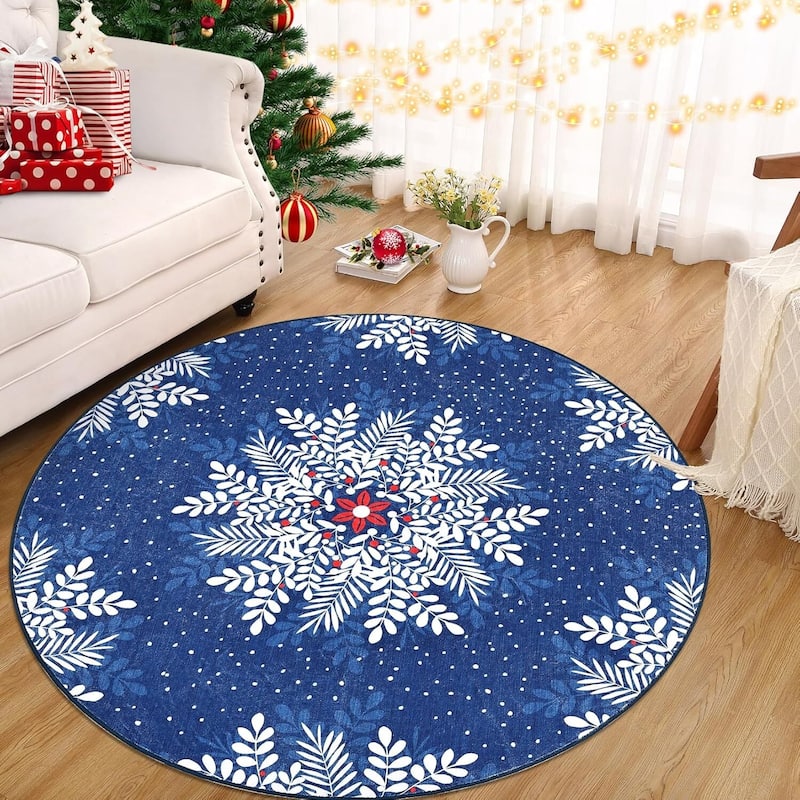 Christmas Snowflake Washable Area Rug, Floor Carpet for Holiday Decor, Blue - 4*4ft