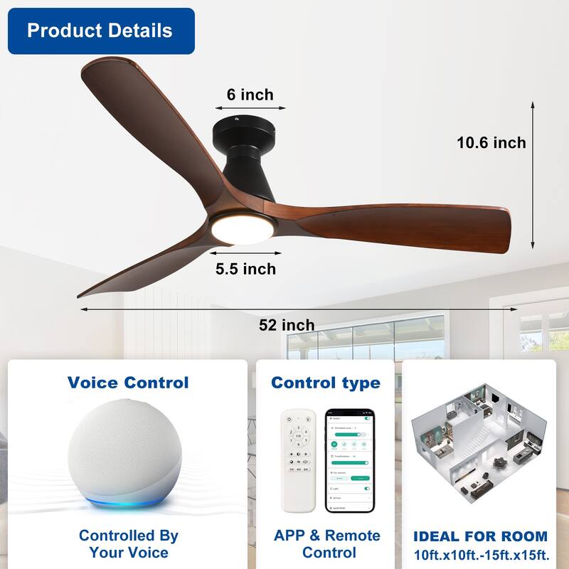 Ceiling Fans with Lights and APP: Flush Mount Low Profile Ceiling Fan for Bedroom - Dimmable Indoor Outdoor Fan