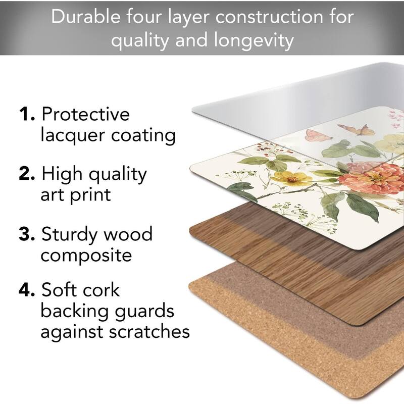 Blessed by Nature Premium Decorative Hardboard Cork Back Tabletop Placemats 4 Pack Manufactured in The USA Heat Tolerant