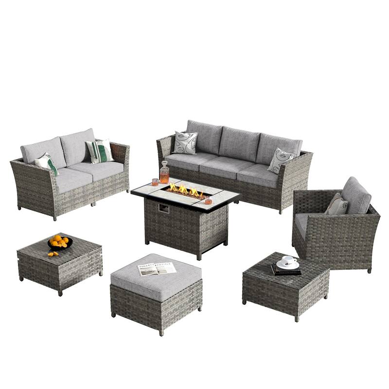 HOOOWOOO 10-piece Wicker Rattan Patio Furniture Sectional Set with Fire Pit