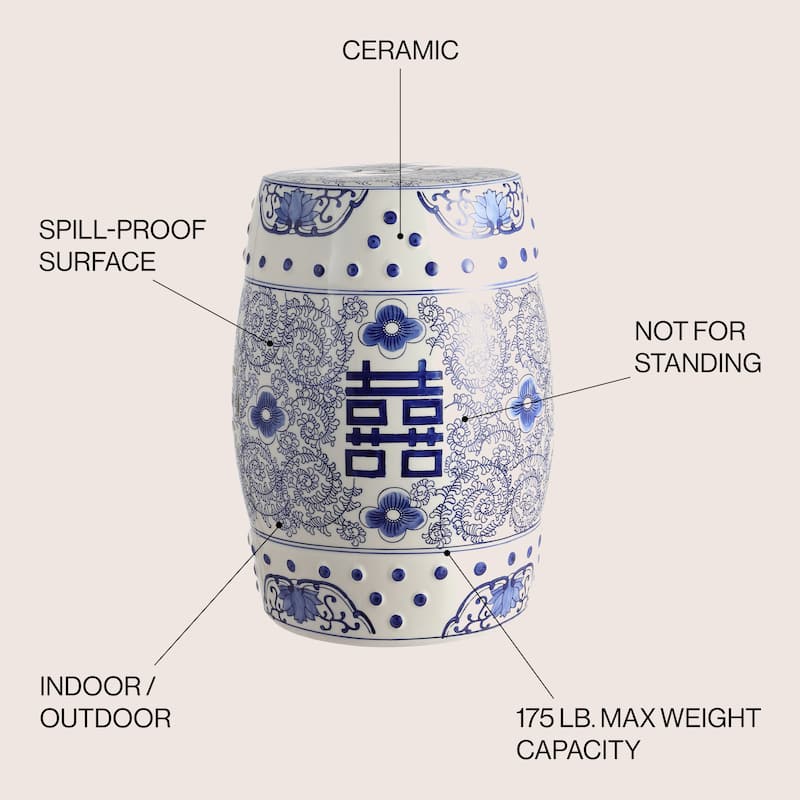 Double Happiness 18" Chinoiserie Ceramic Drum Garden Stool, Blue/White