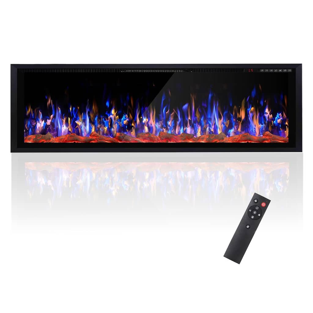 BOSSIN Recessed Wall Mount Electric Fireplace - Ultra-Narrow Frame, Low Noise, Remote w/Timer, Adjustable Flame Color & Speed