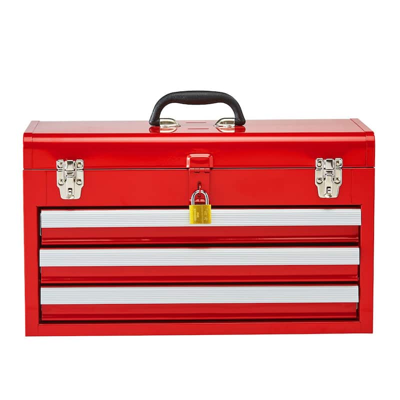 20.5 Inch Red Portable Metal Toolbox with 3 Storage Drawers and Auto Locking System - 20.5 x 8.6 x 12 in