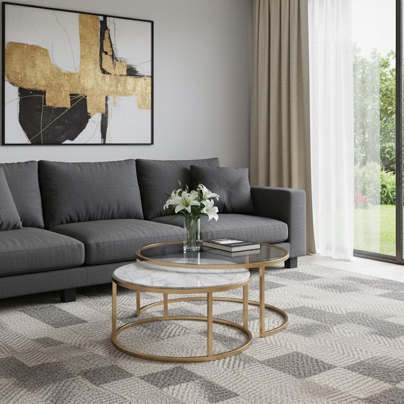 HomeRoots Set of Two Clear White and Gold Glass And Faux Marble And Iron Round Frame Nested Coffee Tables - 36