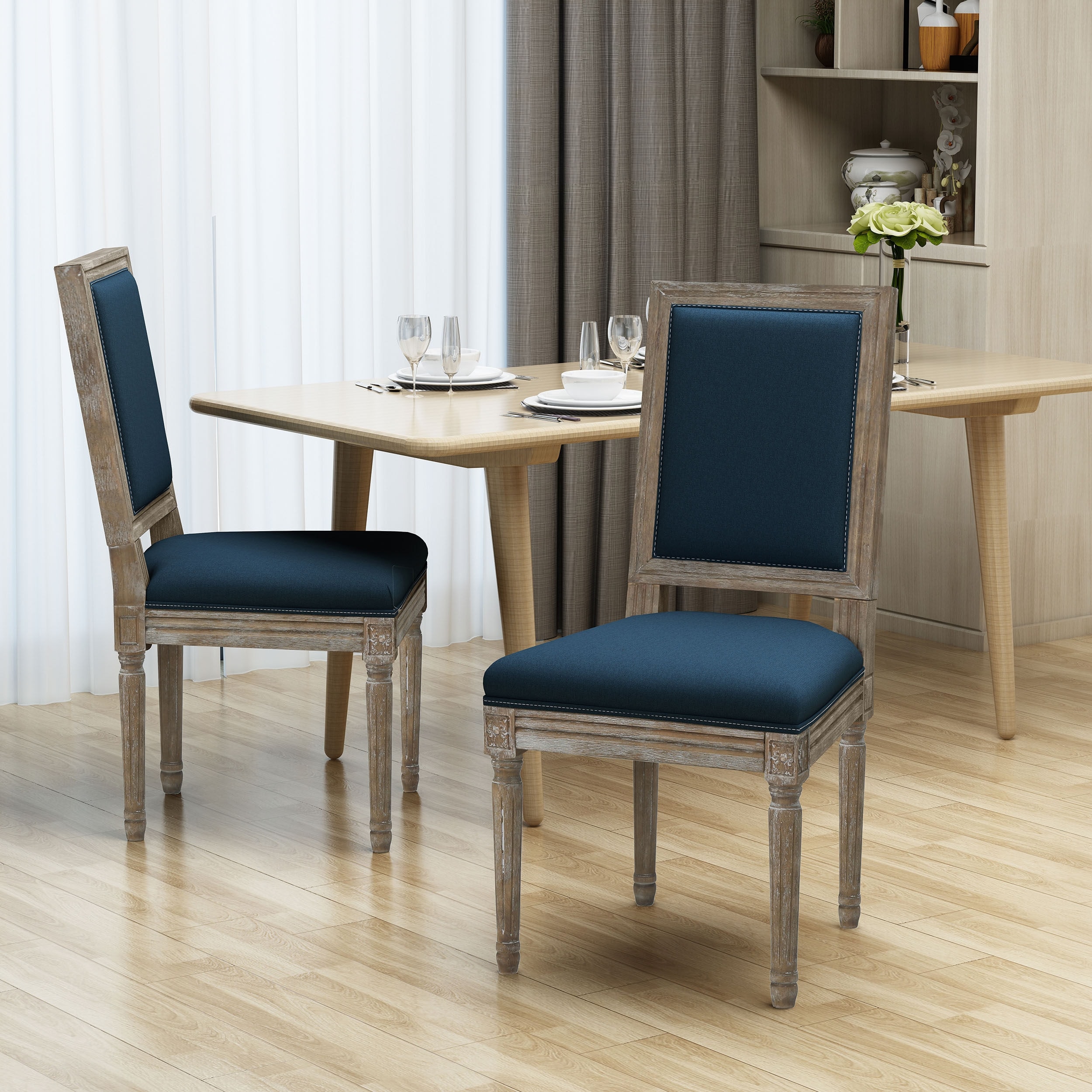 Traditional Style Dining Chairs with Weathered Wood Finish and Fabric Upholstered Seat, for Dining Rooms, Set of 2