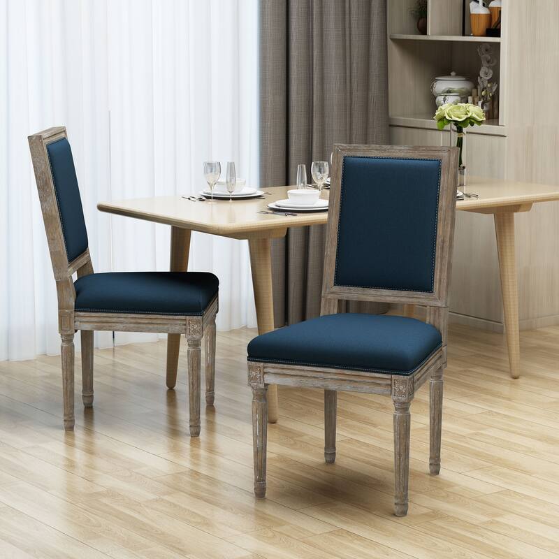 Traditional Style Dining Chairs with Weathered Wood Finish and Fabric Upholstered Seat, for Dining Rooms, Set of 2 - Blue