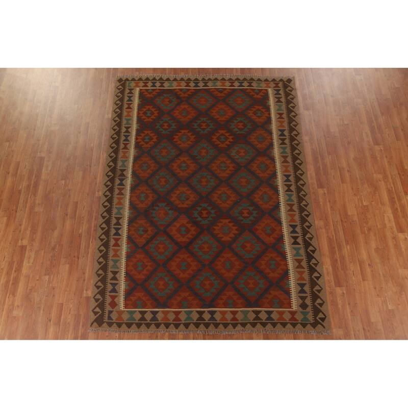 Hand Woven Oriental 100% Wool Carpet Southwestern Geometric Multi-Colored Kilim Area Rug - 9' 4'' X 6' 9''