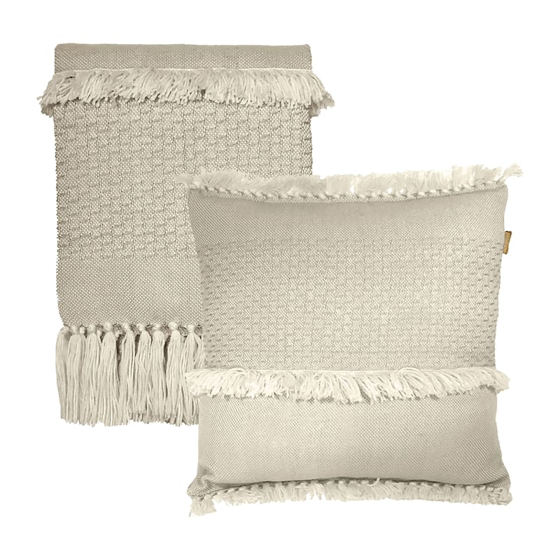 Abigail Handwoven Wool Blend 20-inch x 20-inch Square Throw Pillow, Natural Off White with Fringe