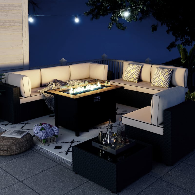 8 Piece Outdoor Sectional Seating Group with Fire Pit Table