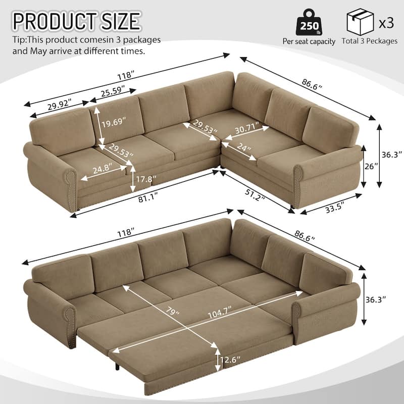 Homy Casa L-Shaped Sectional Sofa w/ Pull-Out Bed, Chenille Sleeper Couch w/ Nailhead Trim & Rolled Arm, Oversize