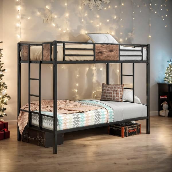 slide 2 of 9, Twin Over Twin Bunk Bed With Ladder And Full-Length Guardrail for Home Black