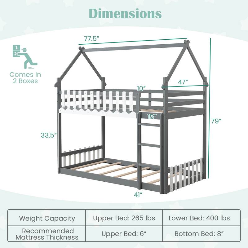Gymax Twin Over Twin Bunk Bed w/ Fence & Ladder Solid Wood Floor Bunk