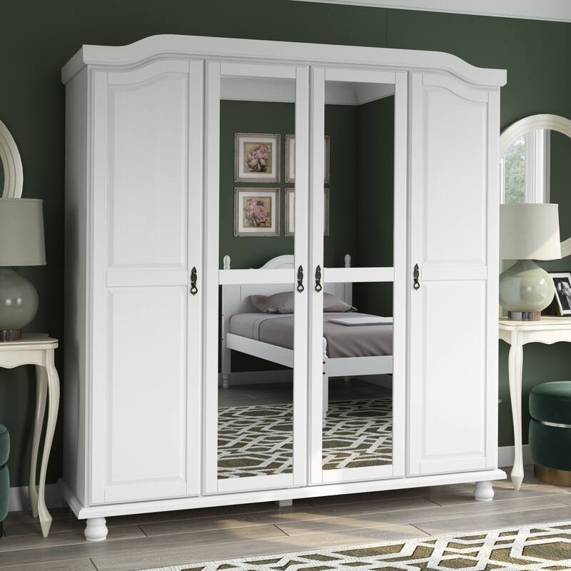 Palace Imports 100% Solid Wood Kyle 4-Door Wardrobe Armoire with Solid Wood or Mirrored Doors - White-Mirror