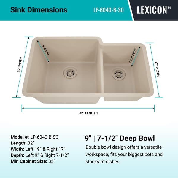 dimension image slide 1 of 2, 32 Inch Lexicon Platinum Quartz Composite Drop-in Undermount Galaxy Beige - 19" W x 32" L x 9.75" H