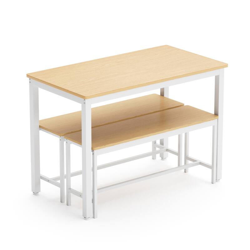 Sliding Benches with Steel Frame, Breakfast Nook with Kitchen Breakfast Table, Dining Set with 2 Benches, White Natural