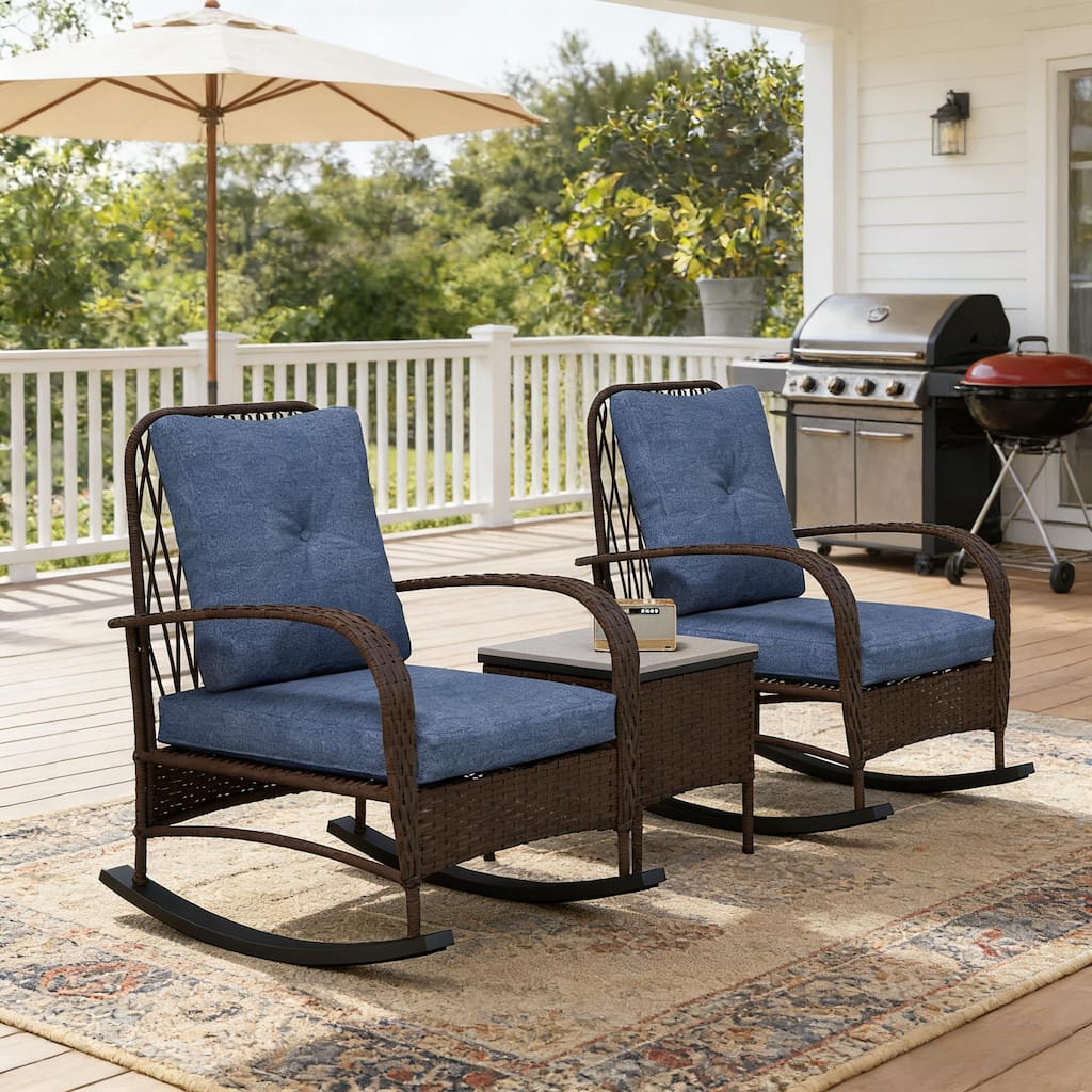 GDFStudio - Outdoor Wicker Rocking Bistro Set with Cushioned Chairs & Table