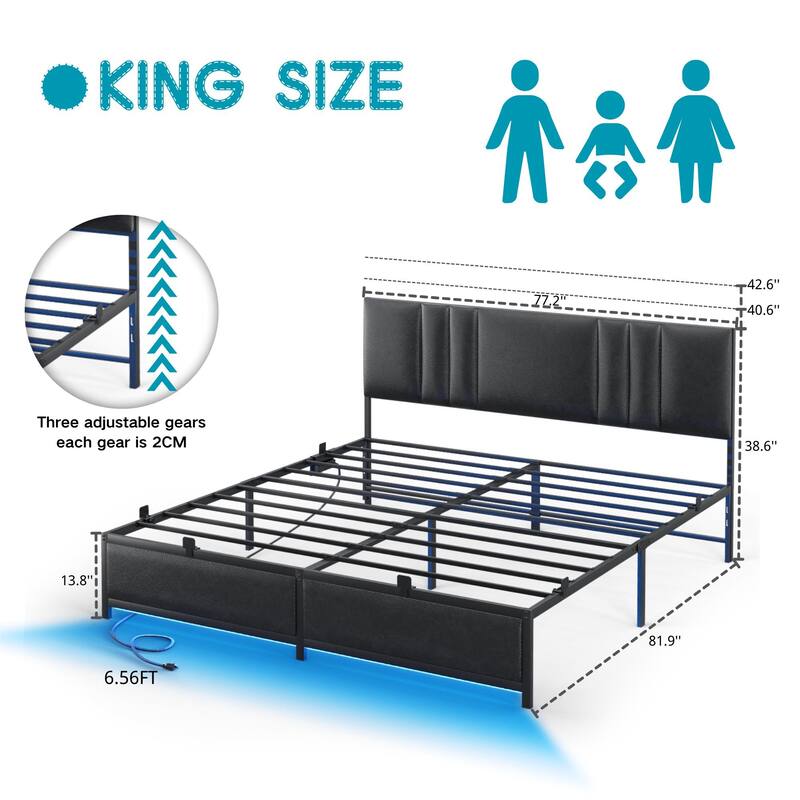 Upholstered Bed Frame with Height Adjustable Headboard,with RGB LED Light and Charging Hub