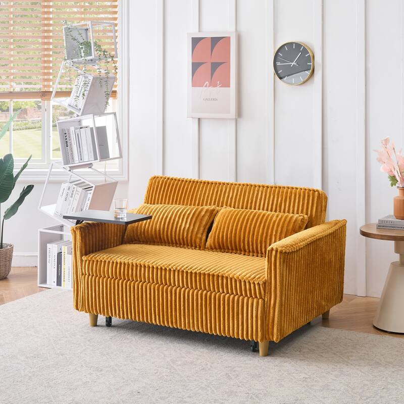 The pull-out and push-in green corduroy sofa with dual functions,equipped with a movable tabletop and USB ports