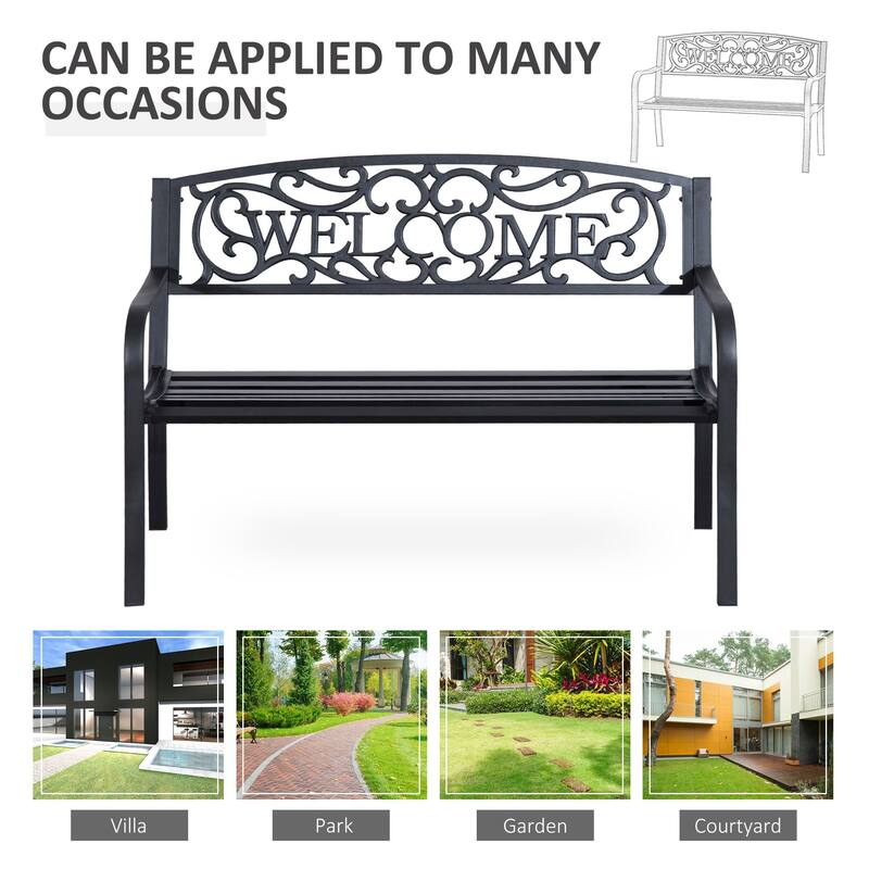 Outdoor Metal Welcome Bench, Garden Bench With Slatted Seat, Patio Bench For Park, Porch, Yard, Entryway