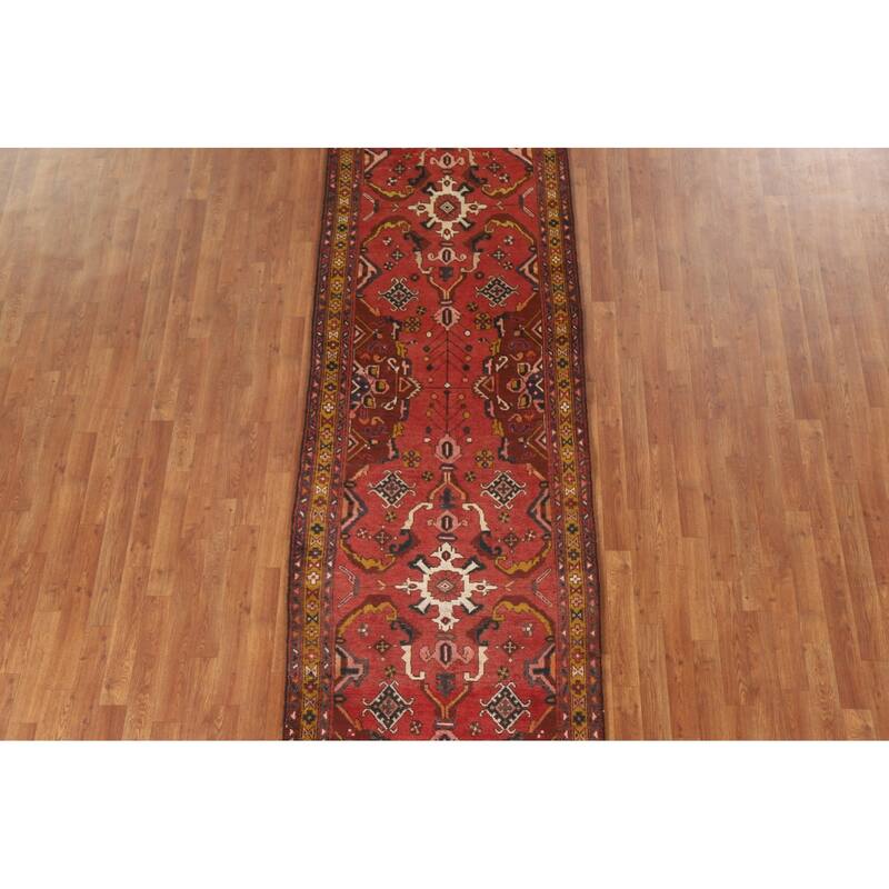 Hand Knotted Oriental 100% Wool Carpet Traditional Geometric Red Heriz Runner Rug - 10' 8'' X 3' 2''