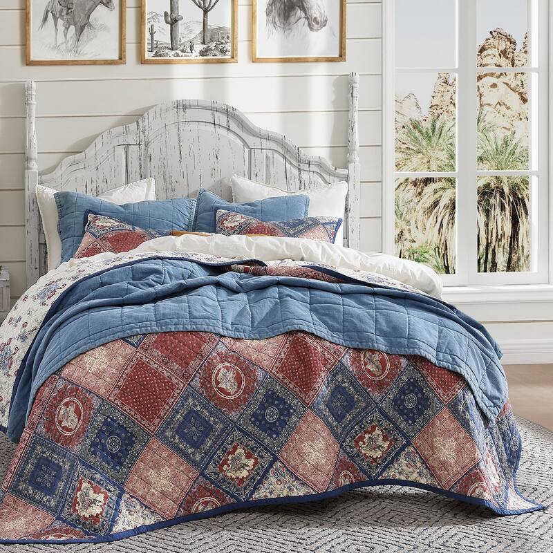 Tasha Polizzi Patchwork Bandana Western Rustic Floral Paisley Pattern 3 Piece Reversible Quilt with Pillow Shams - King